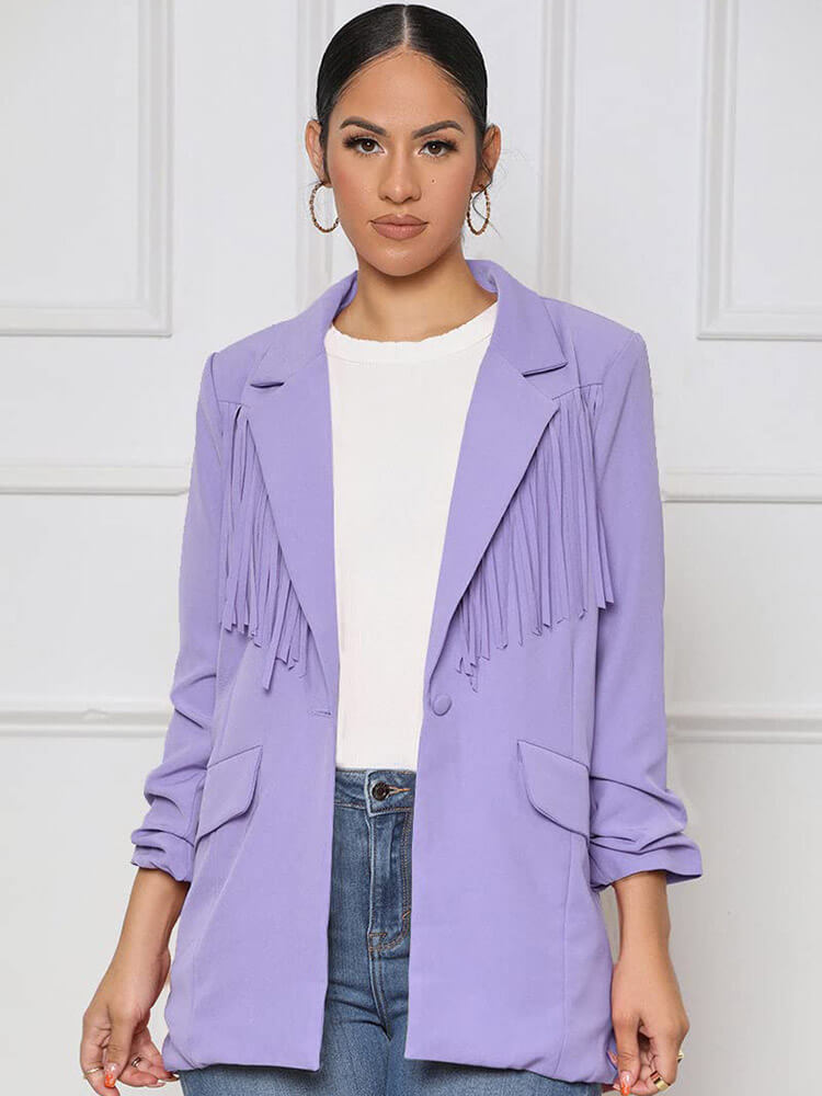 Long Ruched Sleeve Fringe Blazer Tiynon