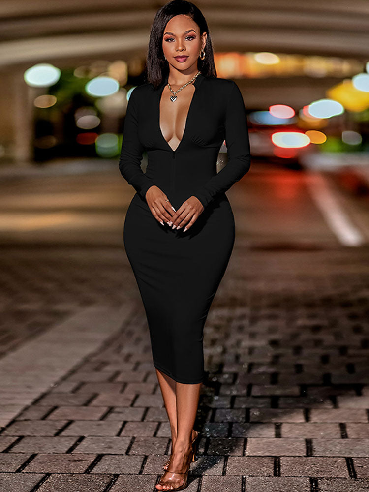 Long Sleeve Backless Bodycon Midi Dresses Tiynon