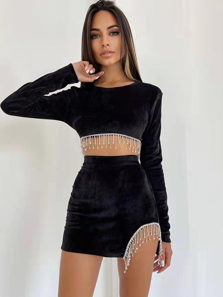 Long Sleeve Backless Crop Top & Tassel Mini Skirt Tiynon