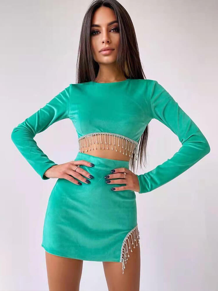 Long Sleeve Backless Crop Top & Tassel Mini Skirt Tiynon