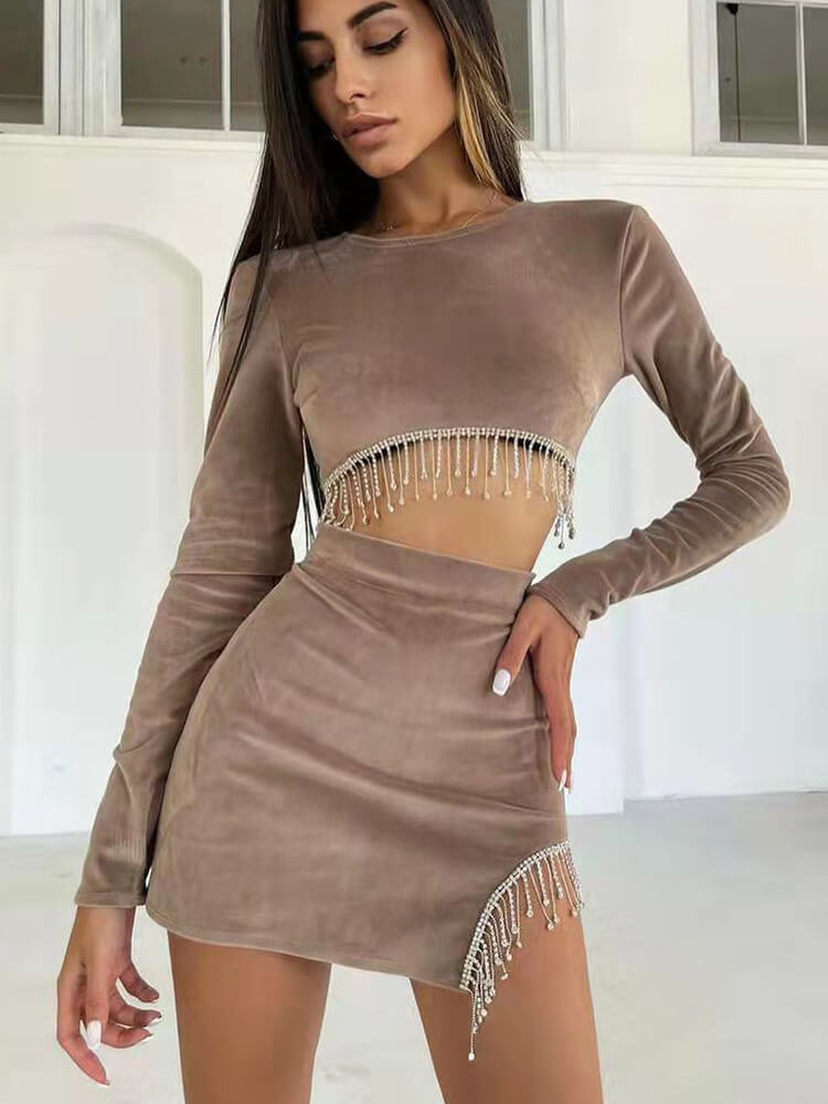 Long Sleeve Backless Crop Top & Tassel Mini Skirt Tiynon