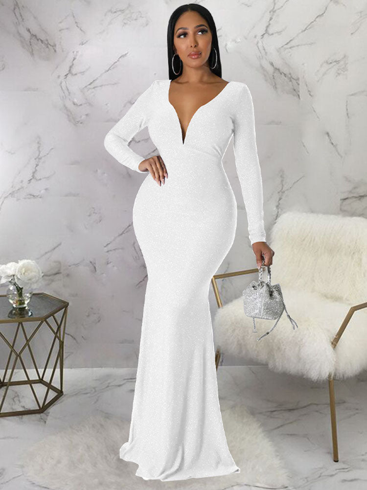 Long Sleeve Backless Glitter Fishtail Maxi Dresses Tiynon