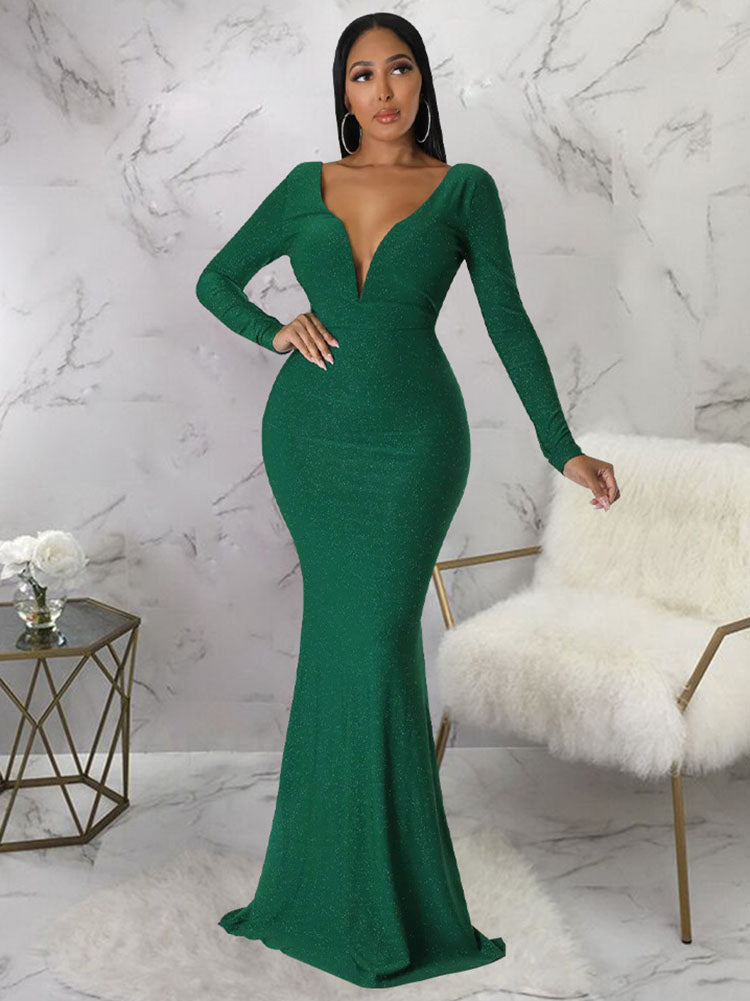 Long Sleeve Backless Glitter Fishtail Maxi Dresses Tiynon