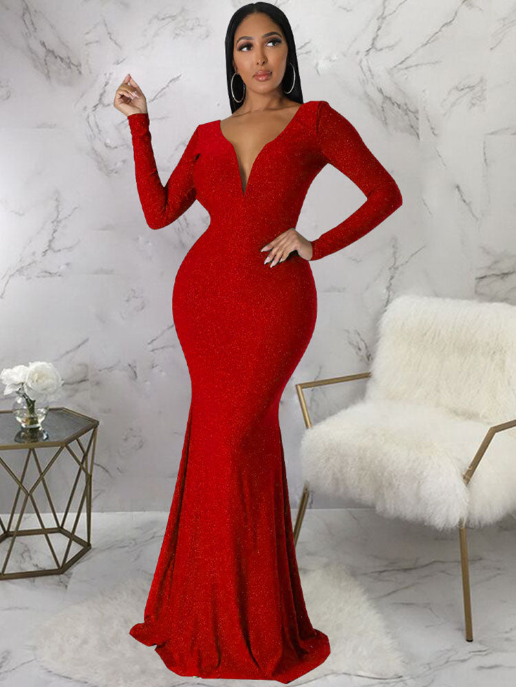 Long Sleeve Backless Glitter Fishtail Maxi Dresses Tiynon