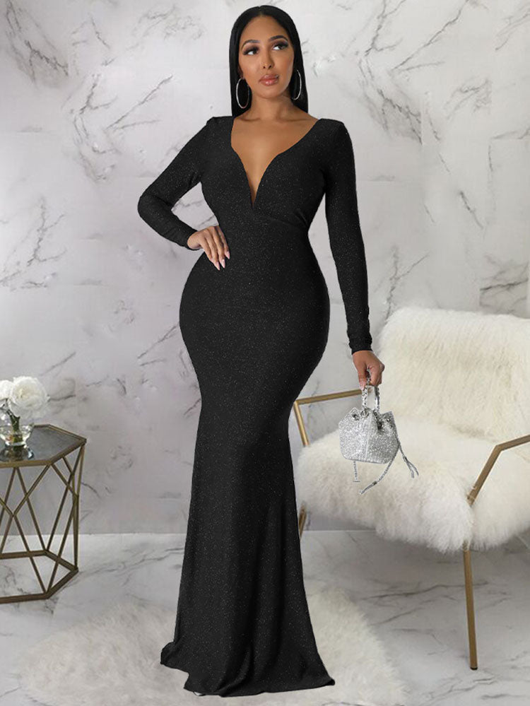 Long Sleeve Backless Glitter Fishtail Maxi Dresses Tiynon