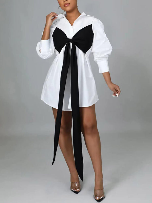 Long Sleeve Bow Tie Front Shirt Mini Dresses Tiynon