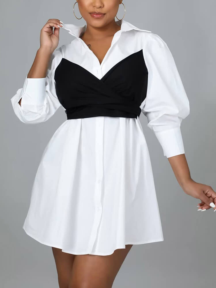 Long Sleeve Bow Tie Front Shirt Mini Dresses Tiynon