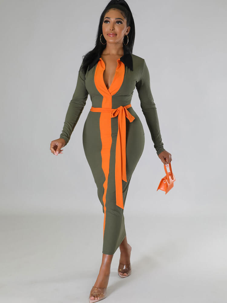 Long Sleeve Color Block Midi Dresses Tiynon