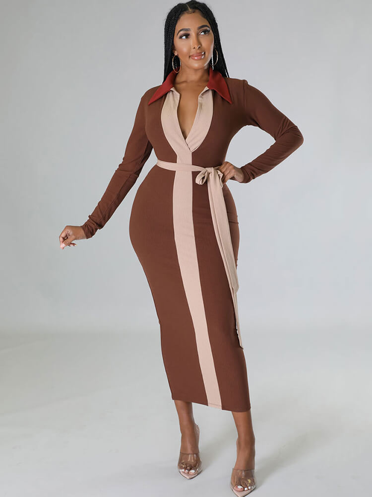 Long Sleeve Color Block Midi Dresses Tiynon