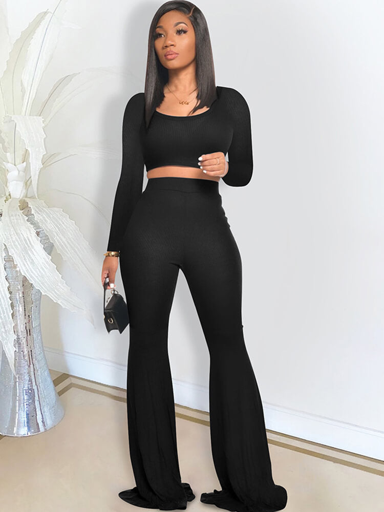 Long Sleeve Crop Top Flare Pants Two Piece Outfits Tiynon