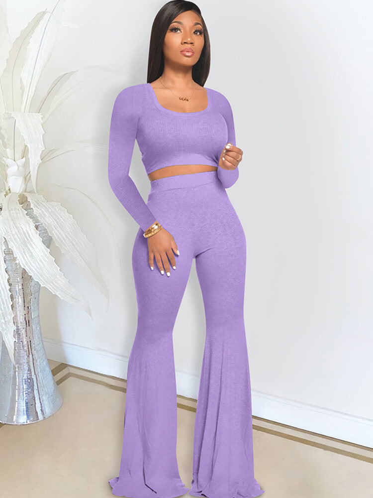 Long Sleeve Crop Top Flare Pants Two Piece Outfits Tiynon