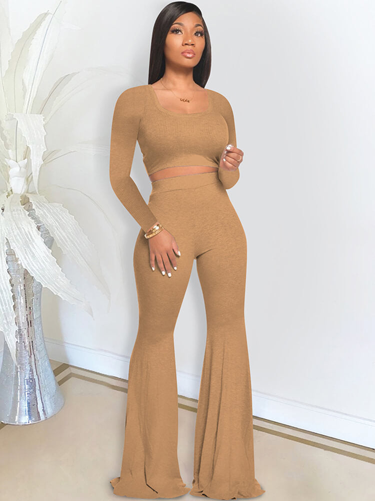 Long Sleeve Crop Top Flare Pants Two Piece Outfits Tiynon