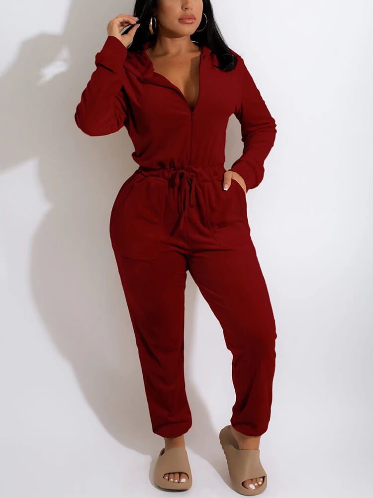 Long Sleeve Drawstring Waist Long Pants Jumpsuits Tiynon