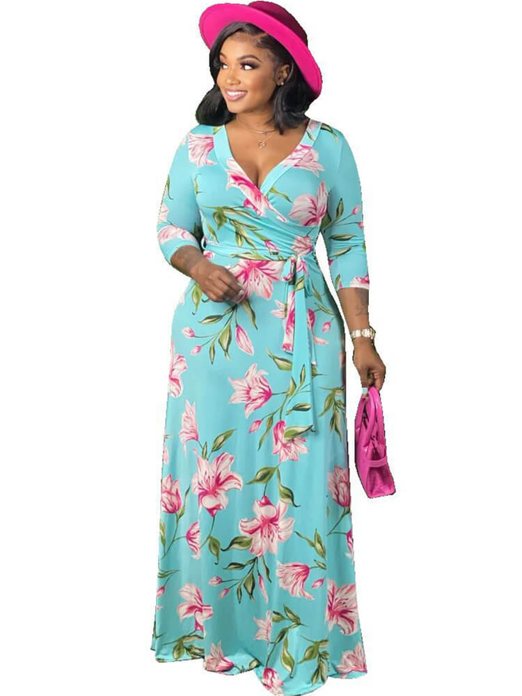 Long Sleeve Floral Print V Neck Maxi Dresses Tiynon