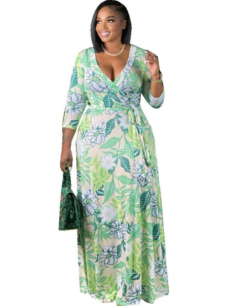 Long Sleeve Floral Print V Neck Maxi Dresses Tiynon