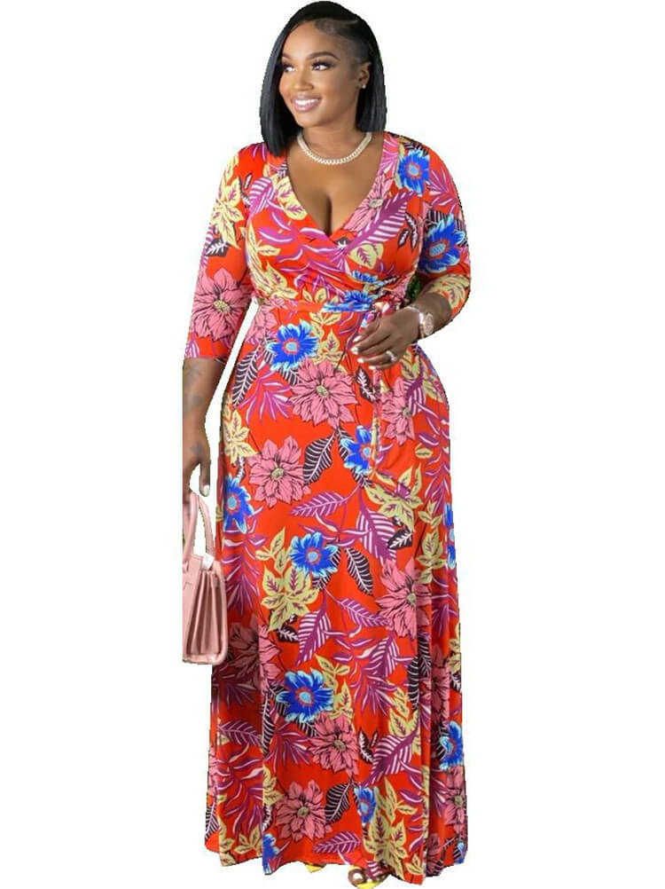 Long Sleeve Floral Print V Neck Maxi Dresses Tiynon