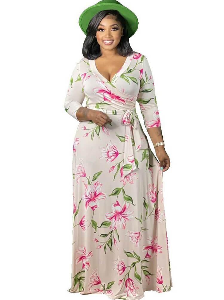 Long Sleeve Floral Print V Neck Maxi Dresses Tiynon