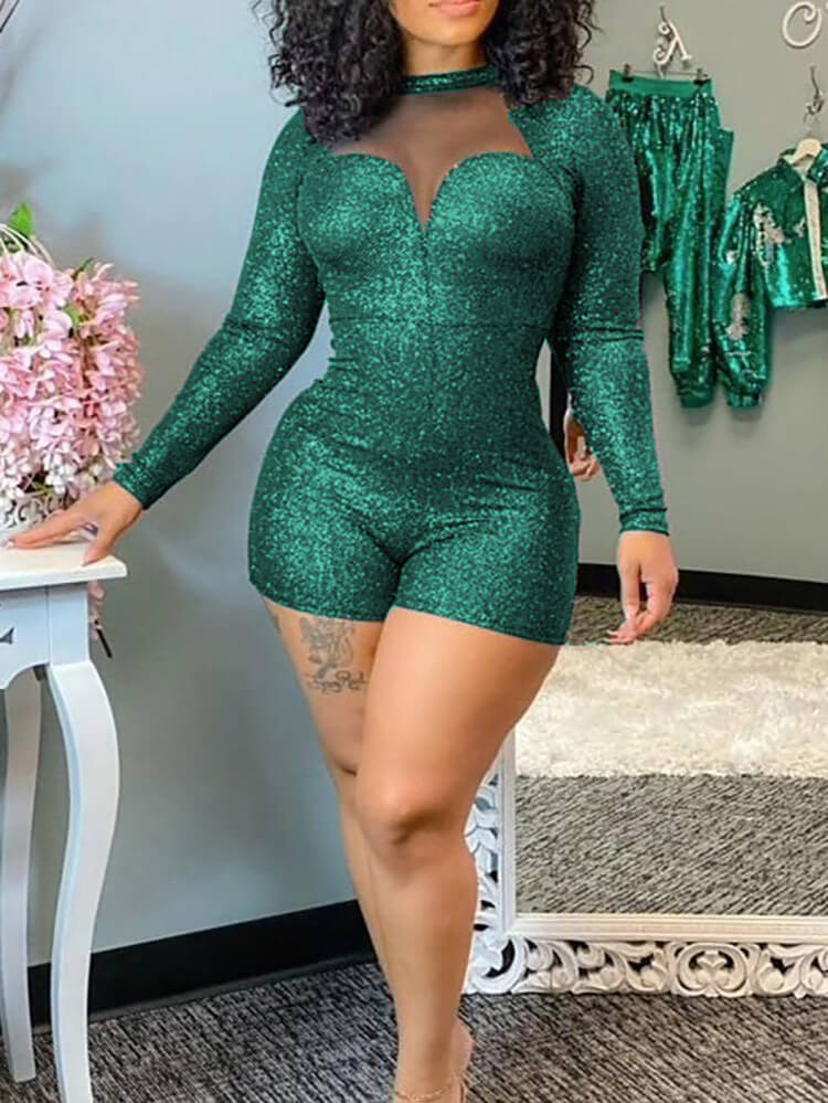 Long Sleeve Glitter High Neck Short Jumpsuit Tiynon