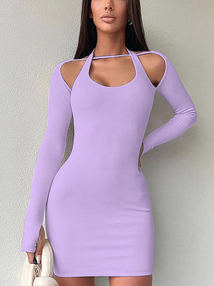 Long Sleeve Halter Neck Cutout Bodycon Mini Dresses Tiynon