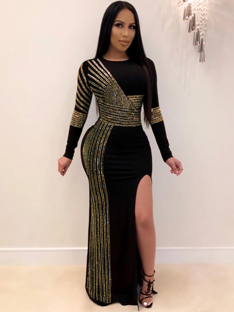 Long Sleeve Hot Drilling Sequins High Split Maxi Dresses Tiynon