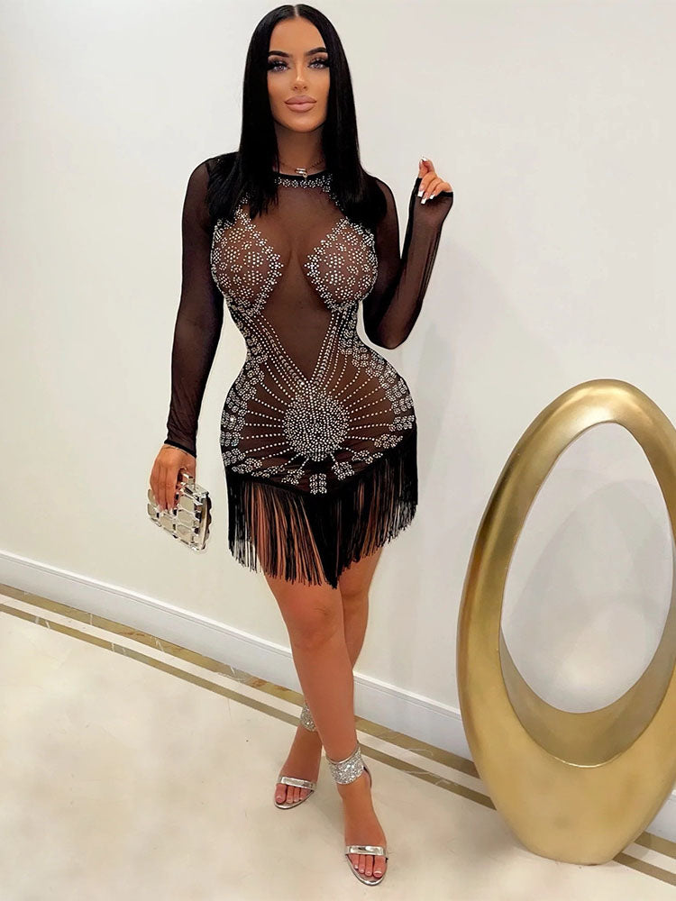 Long Sleeve Mesh Rhinestone Tassel Mini Dresses Tiynon