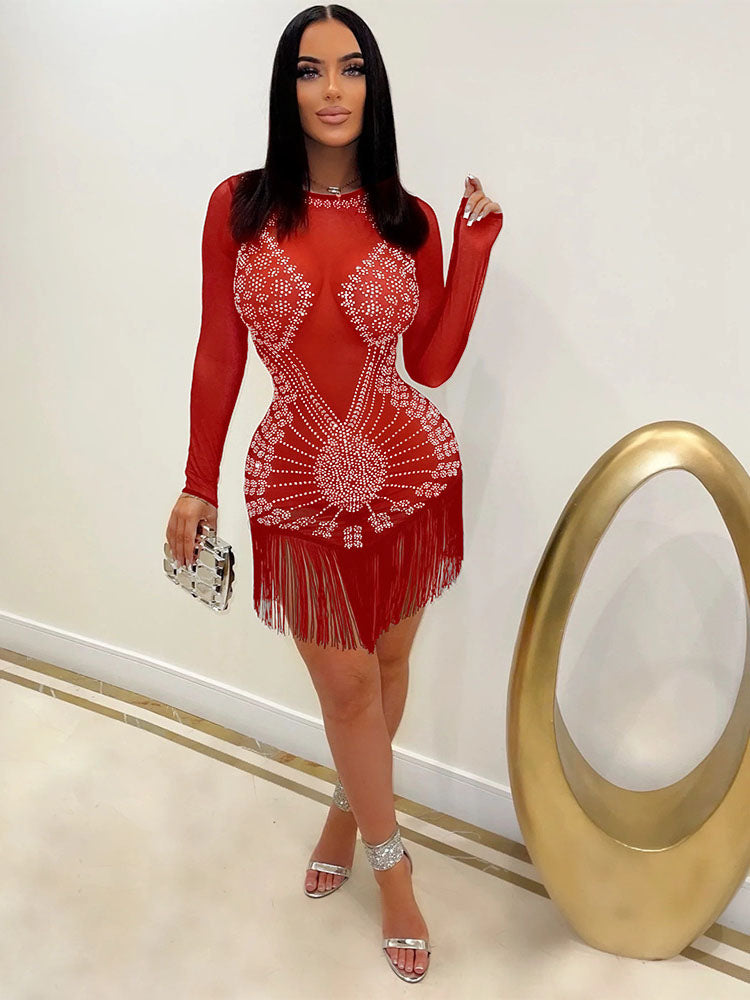 Long Sleeve Mesh Rhinestone Tassel Mini Dresses Tiynon