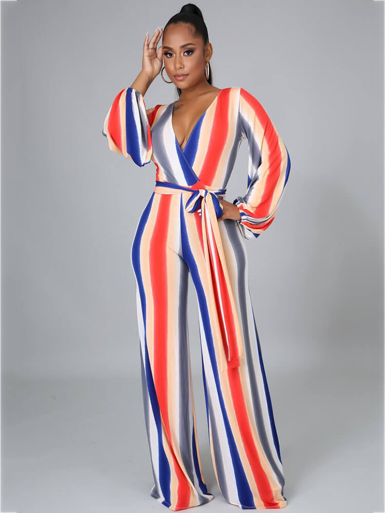 Long Sleeve Multicolor Stripe Wide Leg Jumpsuits with Belt Tiynon