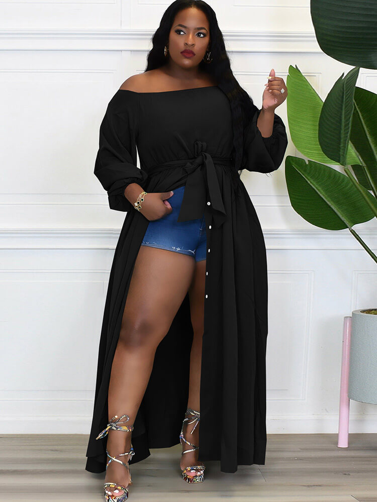 Long Sleeve Off Shoulder Button Maxi Dresses Tiynon