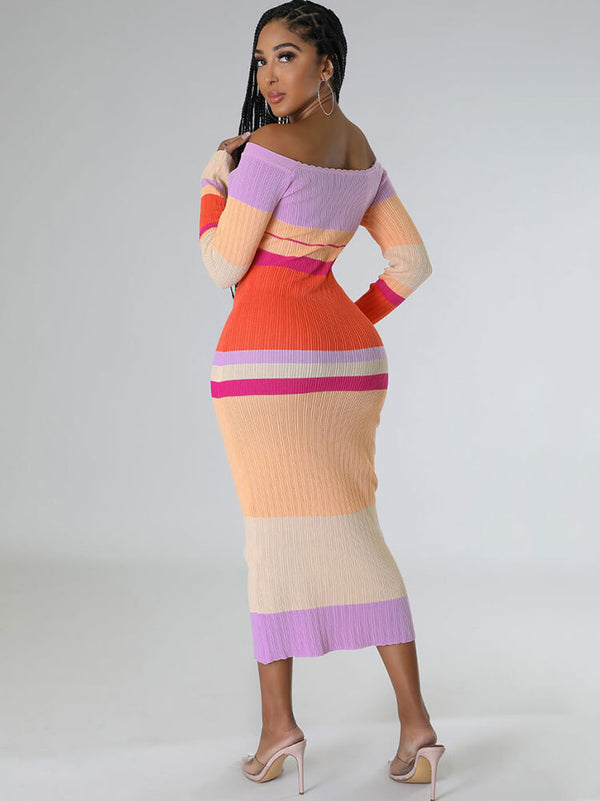 Long Sleeve Off Shoulder Color Block Midi Dresses Tiynon