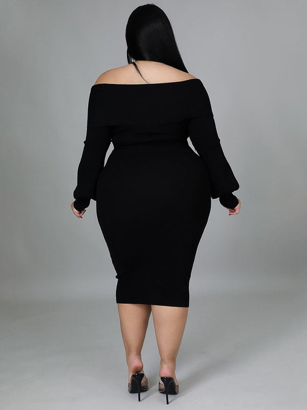 Long Sleeve Off Shoulder Plus Size Midi Dreses Tiynon