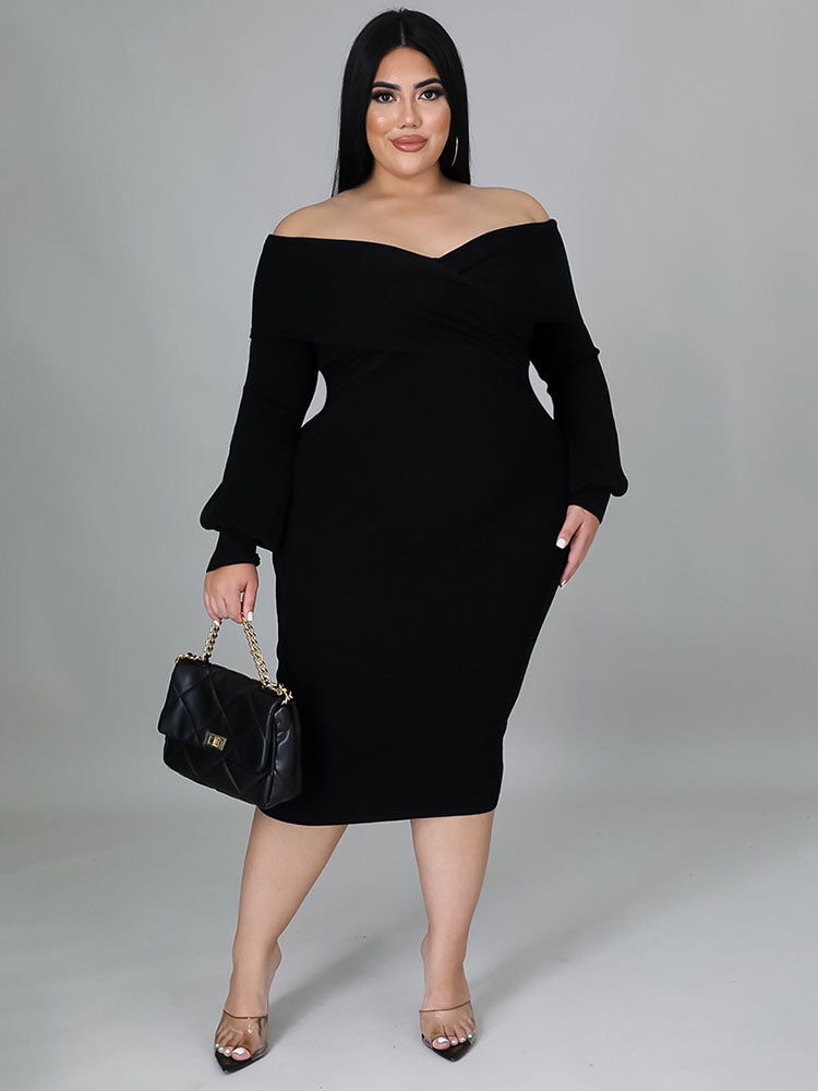 Long Sleeve Off Shoulder Plus Size Midi Dreses Tiynon