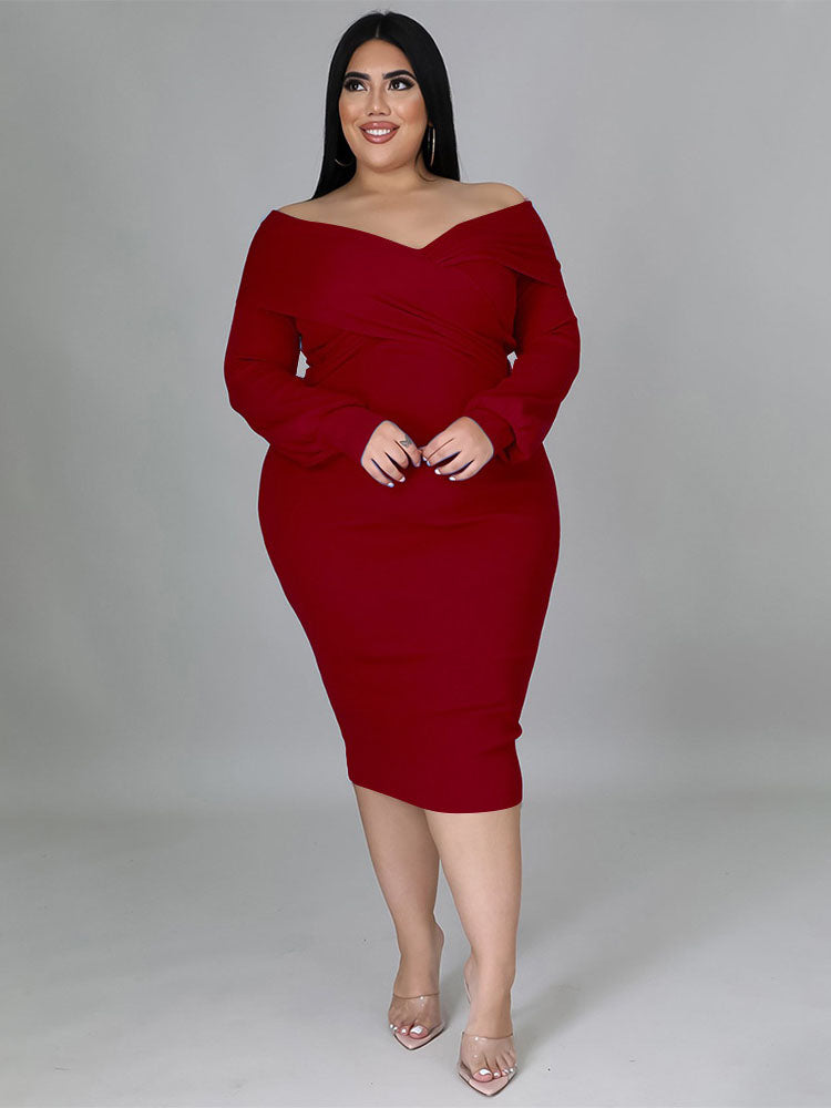 Long Sleeve Off Shoulder Plus Size Midi Dreses Tiynon