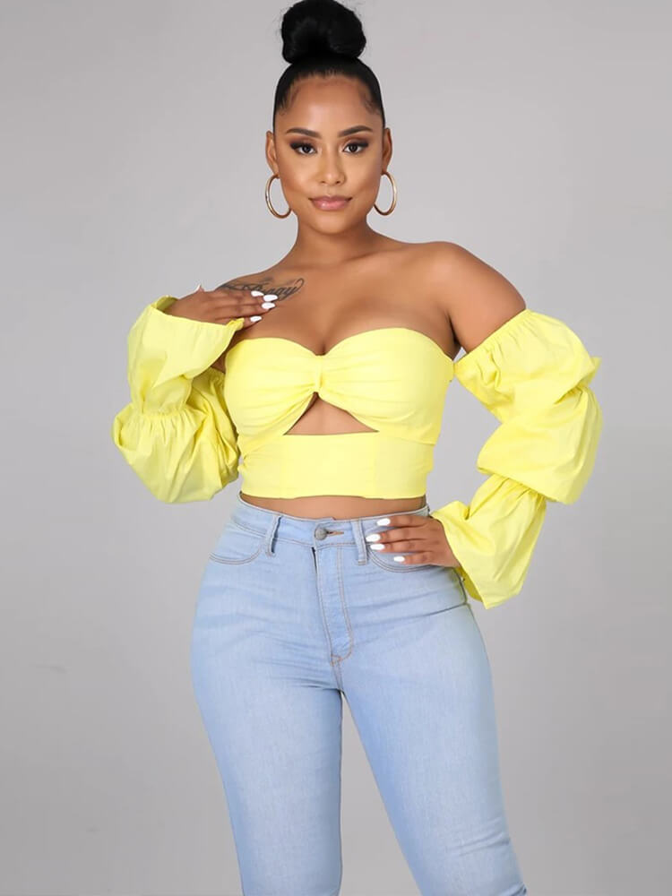 Long Sleeve Off Shoulder Ruffle Crop Top Tiynon