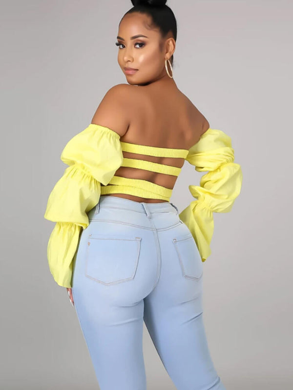 Long Sleeve Off Shoulder Ruffle Crop Top Tiynon