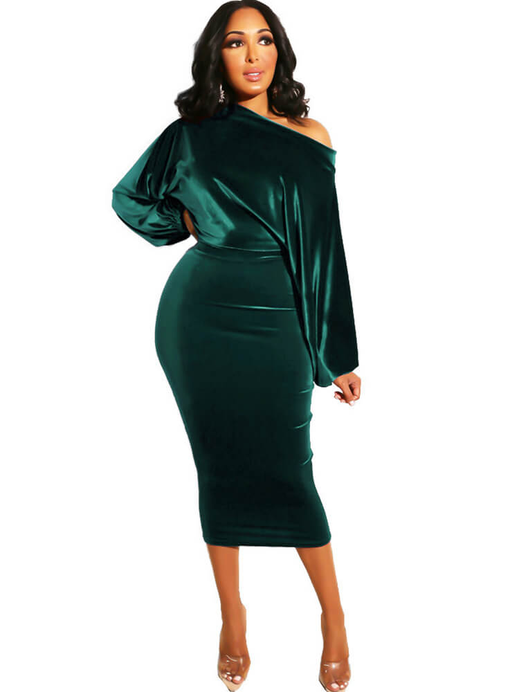 Long Sleeve Off Shoulder Velvet Midi Dresses Tiynon