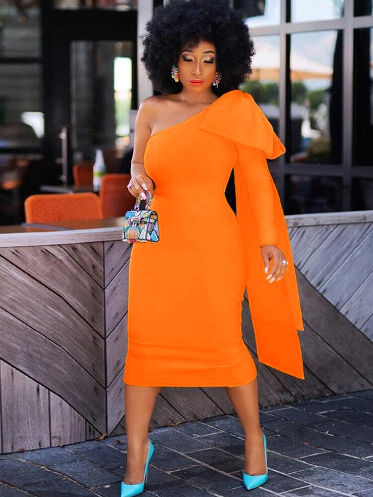 Long Sleeve One Shoulder Ruffle Midi Dresses Tiynon