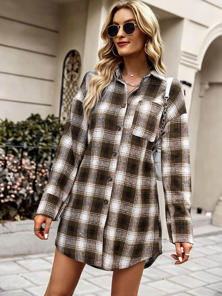 Long Sleeve Plaid Print Button Coats Tiynon