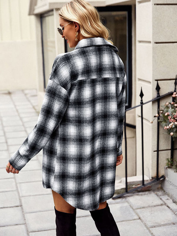 Long Sleeve Plaid Print Button Coats Tiynon