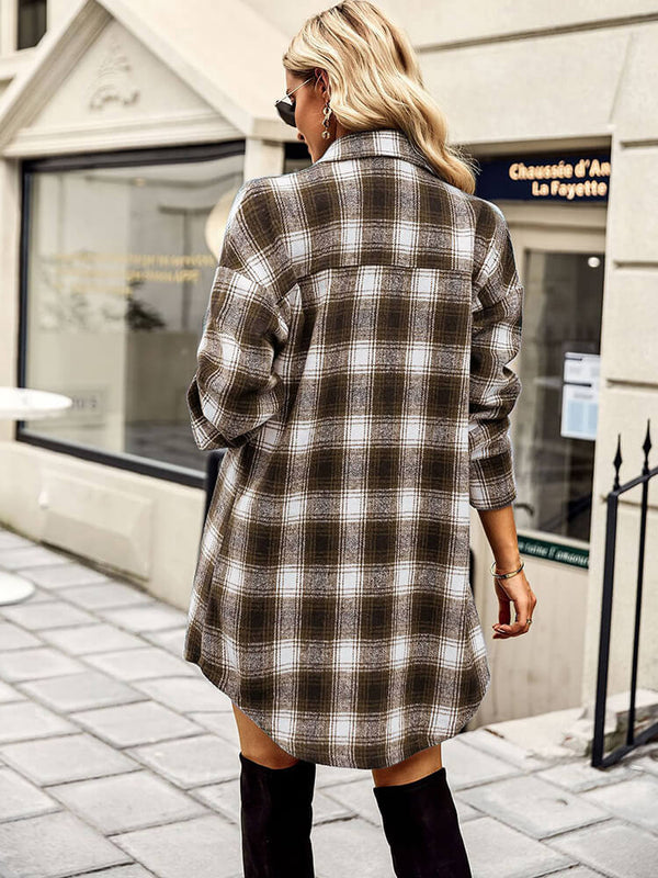 Long Sleeve Plaid Print Button Coats Tiynon