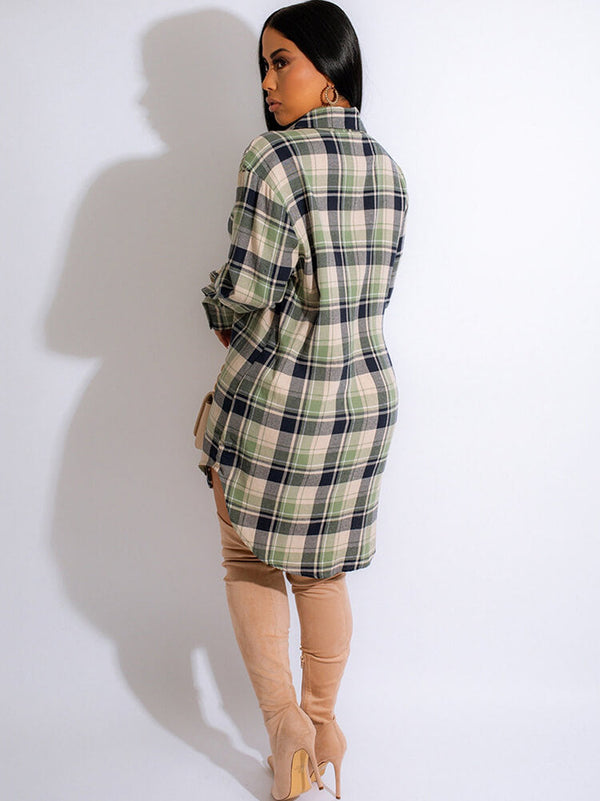 Long Sleeve Plaid Print Mini Dresses Blouse Tiynon