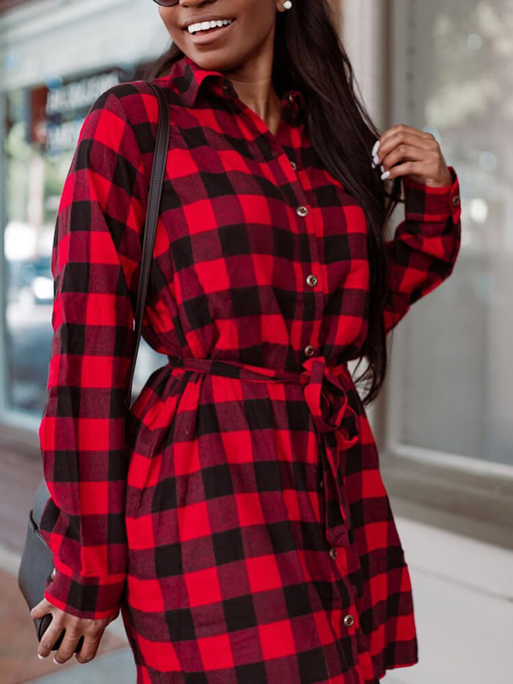 Long Sleeve Plaid Print Mini Dresses Tiynon