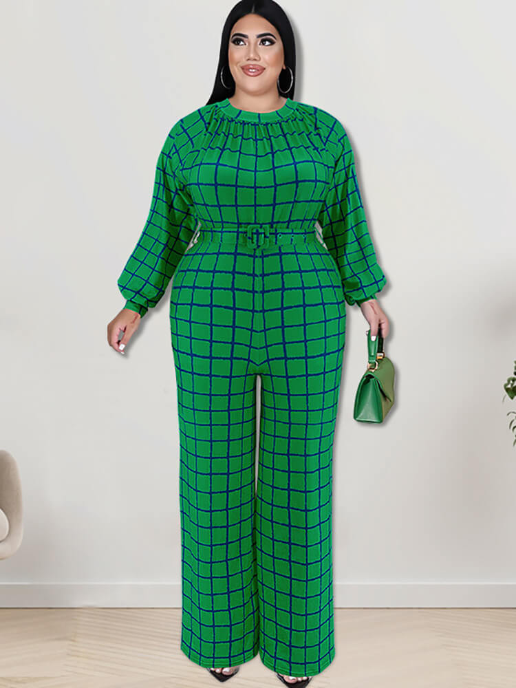 Long Sleeve Plaid Print Wide Leg Jumpsuit Tiynon