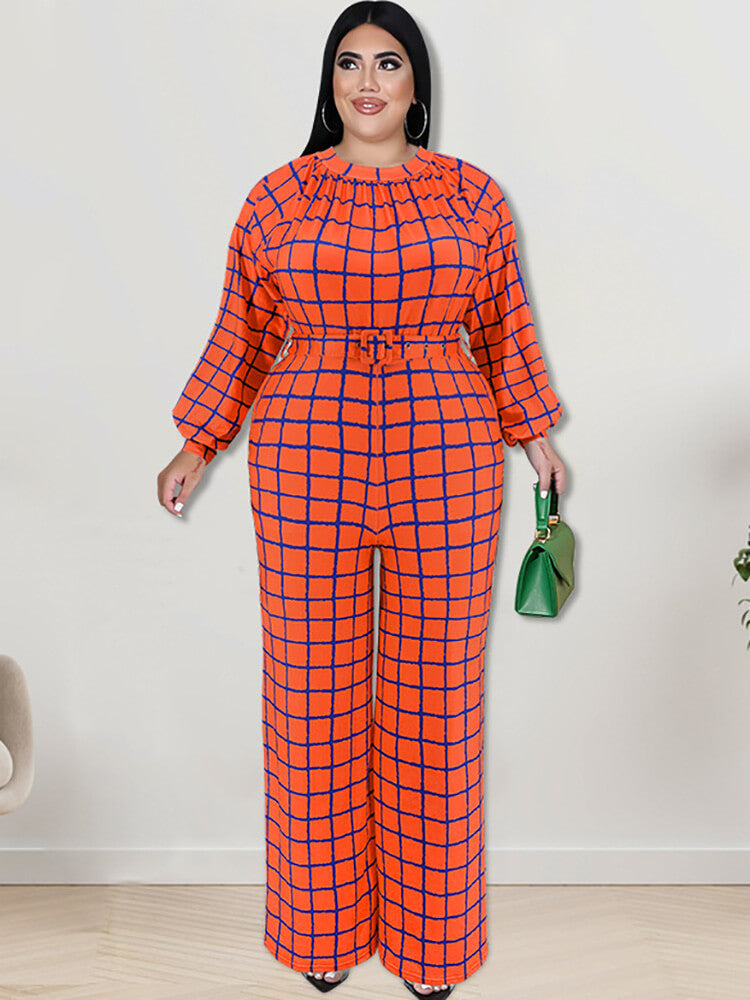 Long Sleeve Plaid Print Wide Leg Jumpsuit Tiynon