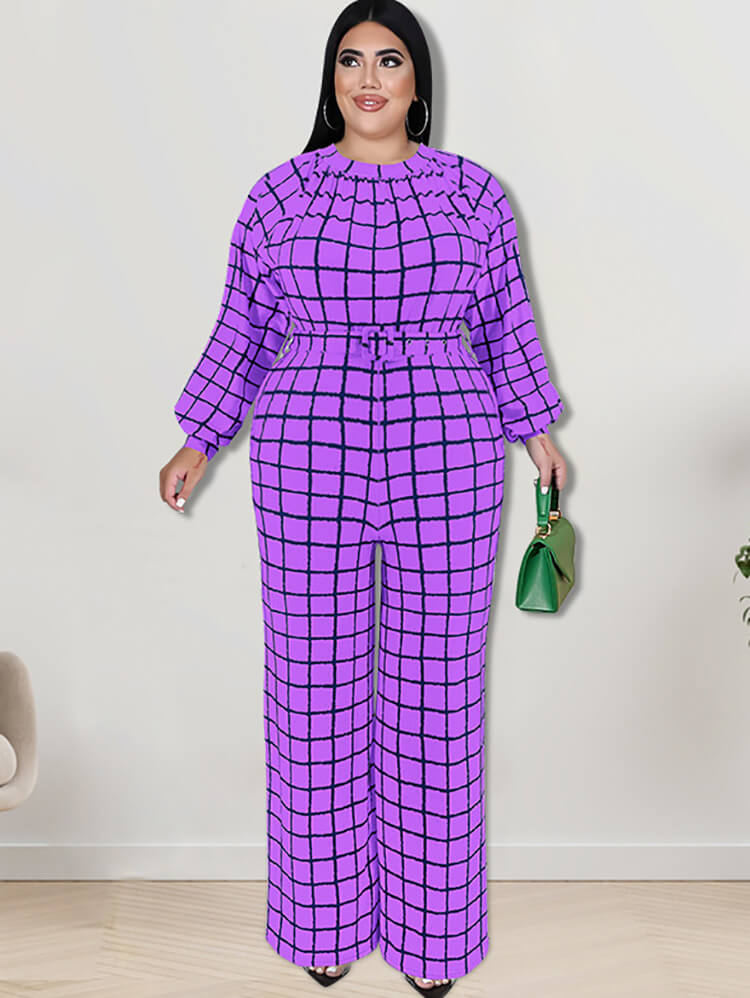 Long Sleeve Plaid Print Wide Leg Jumpsuit Tiynon