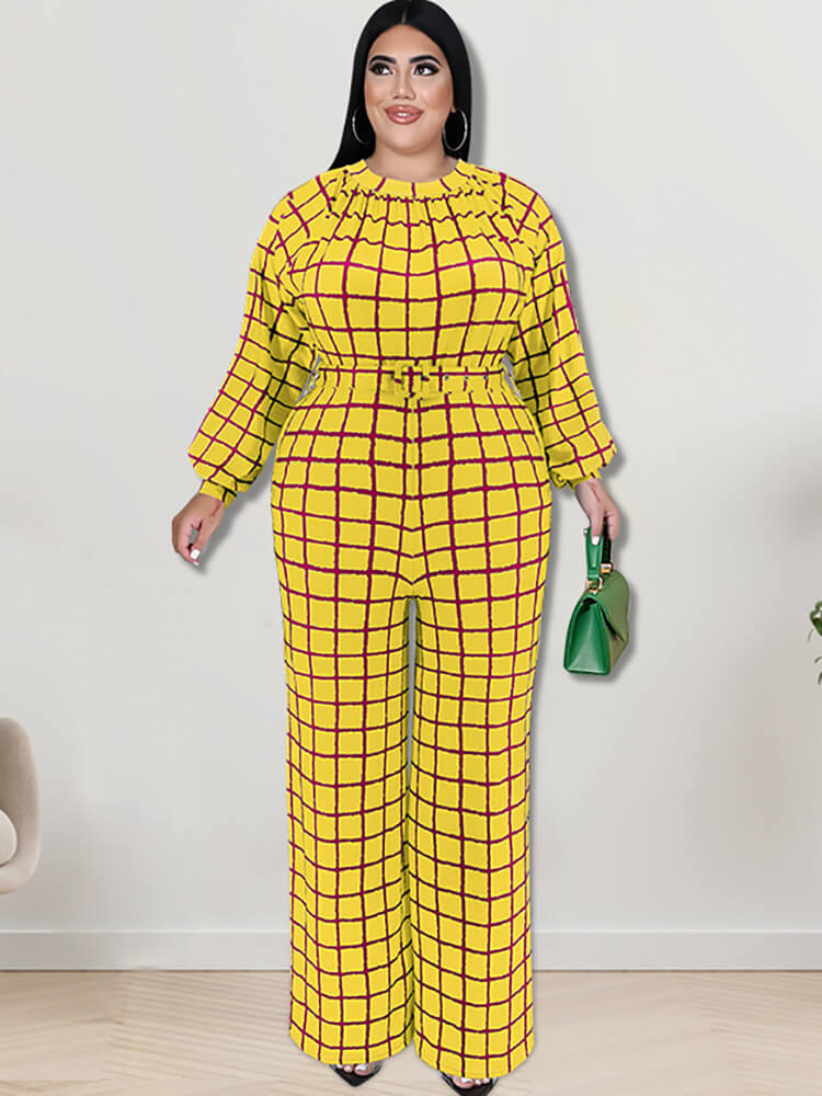 Long Sleeve Plaid Print Wide Leg Jumpsuit Tiynon