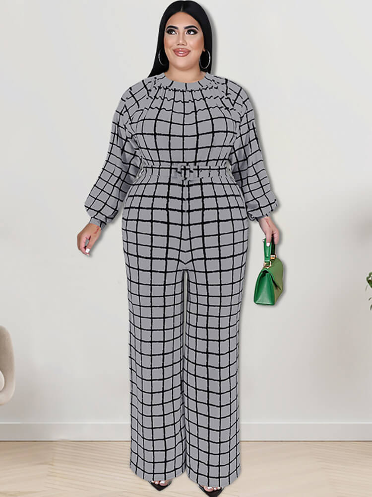 Long Sleeve Plaid Print Wide Leg Jumpsuit Tiynon