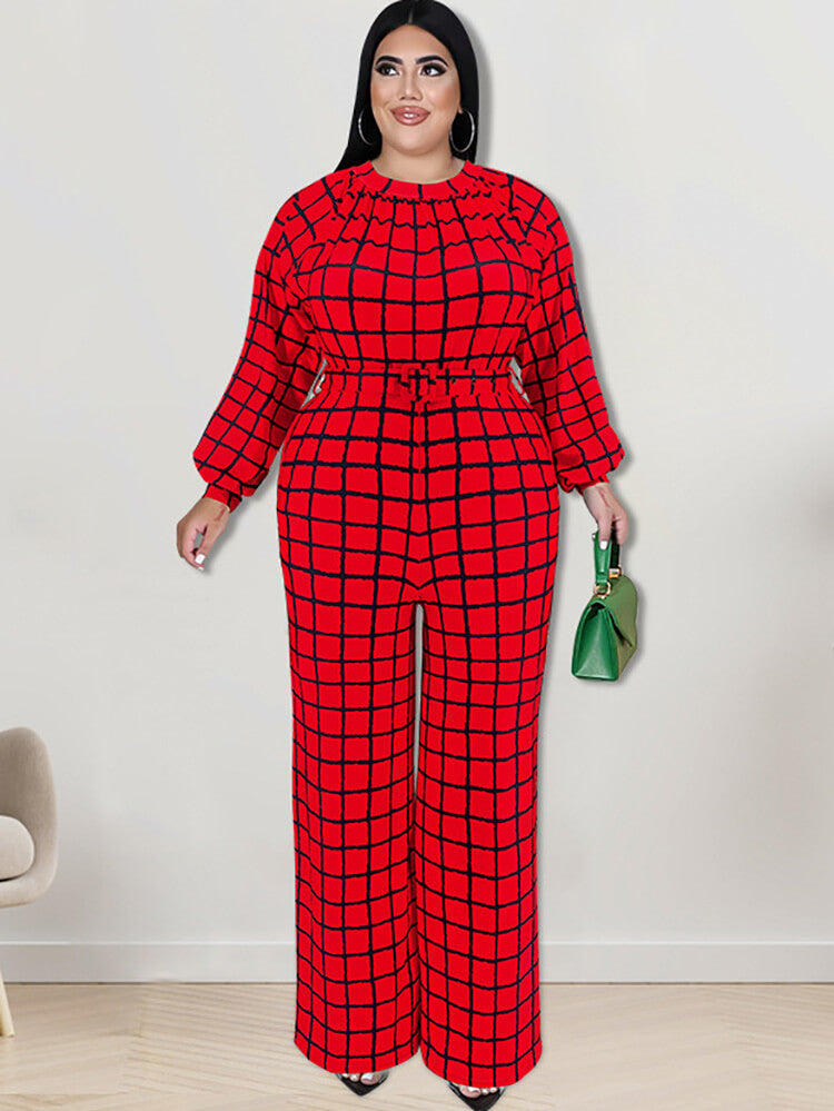 Long Sleeve Plaid Print Wide Leg Jumpsuit Tiynon