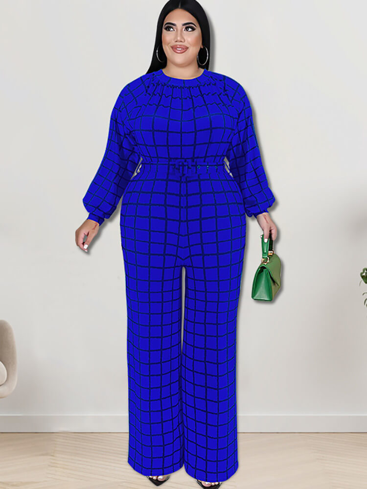 Long Sleeve Plaid Print Wide Leg Jumpsuit Tiynon