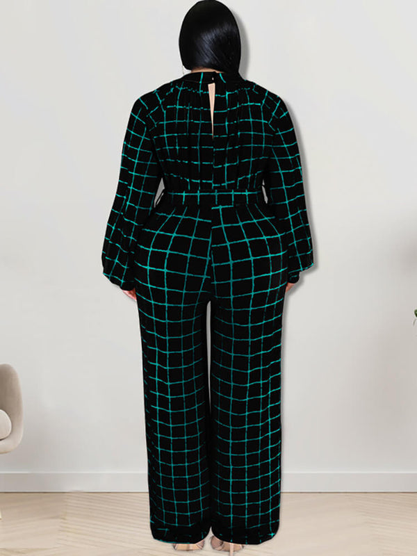 Long Sleeve Plaid Print Wide Leg Jumpsuit Tiynon