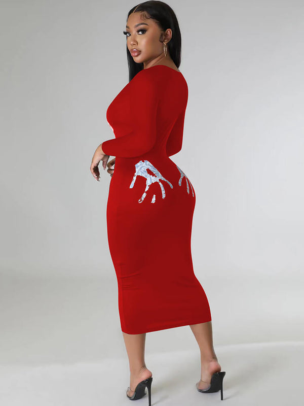 Long Sleeve Printed Bodycon Midi Dresses Tiynon